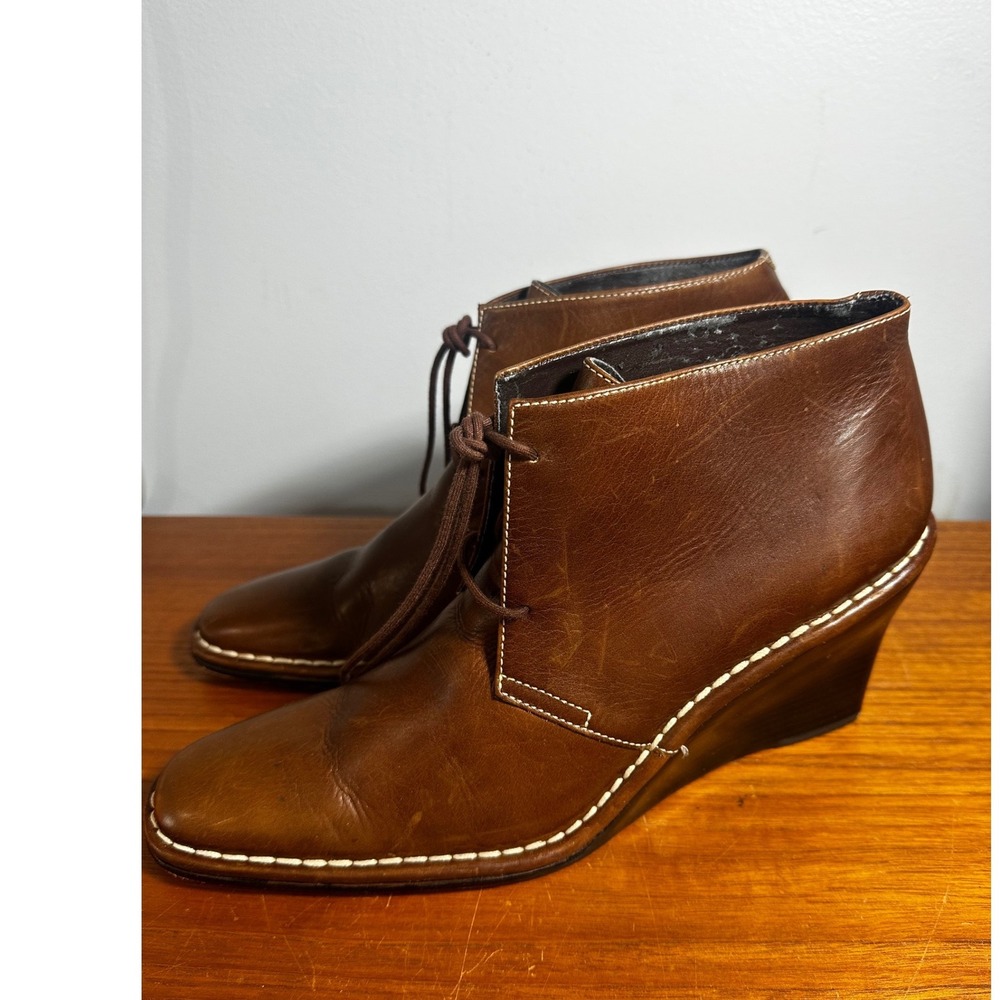 Lauren Ralph Lauren Brown Leather Wedge Ankle Boots Contrast Stitch Lace Up 10B